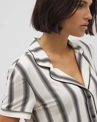 HAMPTON STRIPE BLACK - Piped Short Sleeve Notch Collar Pajama Top | Soma