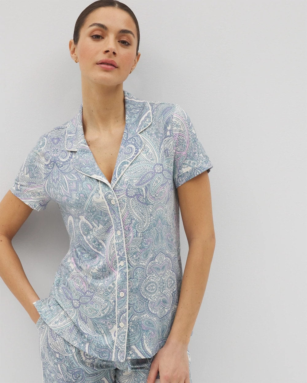 GLOBAL PAISLEY GRAND C - Piped Short Sleeve Notch Collar Pajama Top | Soma
