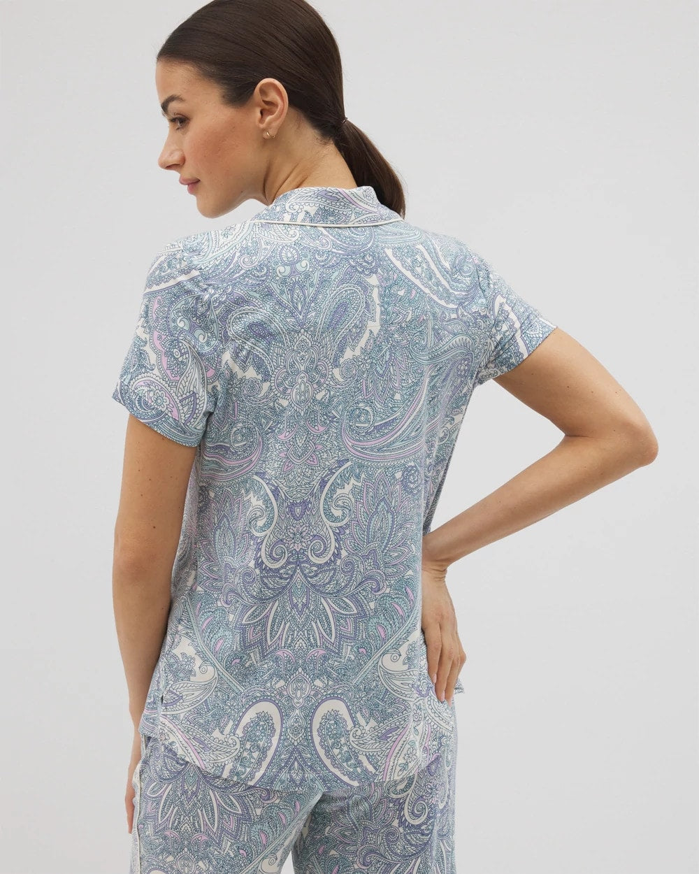GLOBAL PAISLEY GRAND C - Piped Short Sleeve Notch Collar Pajama Top | Soma
