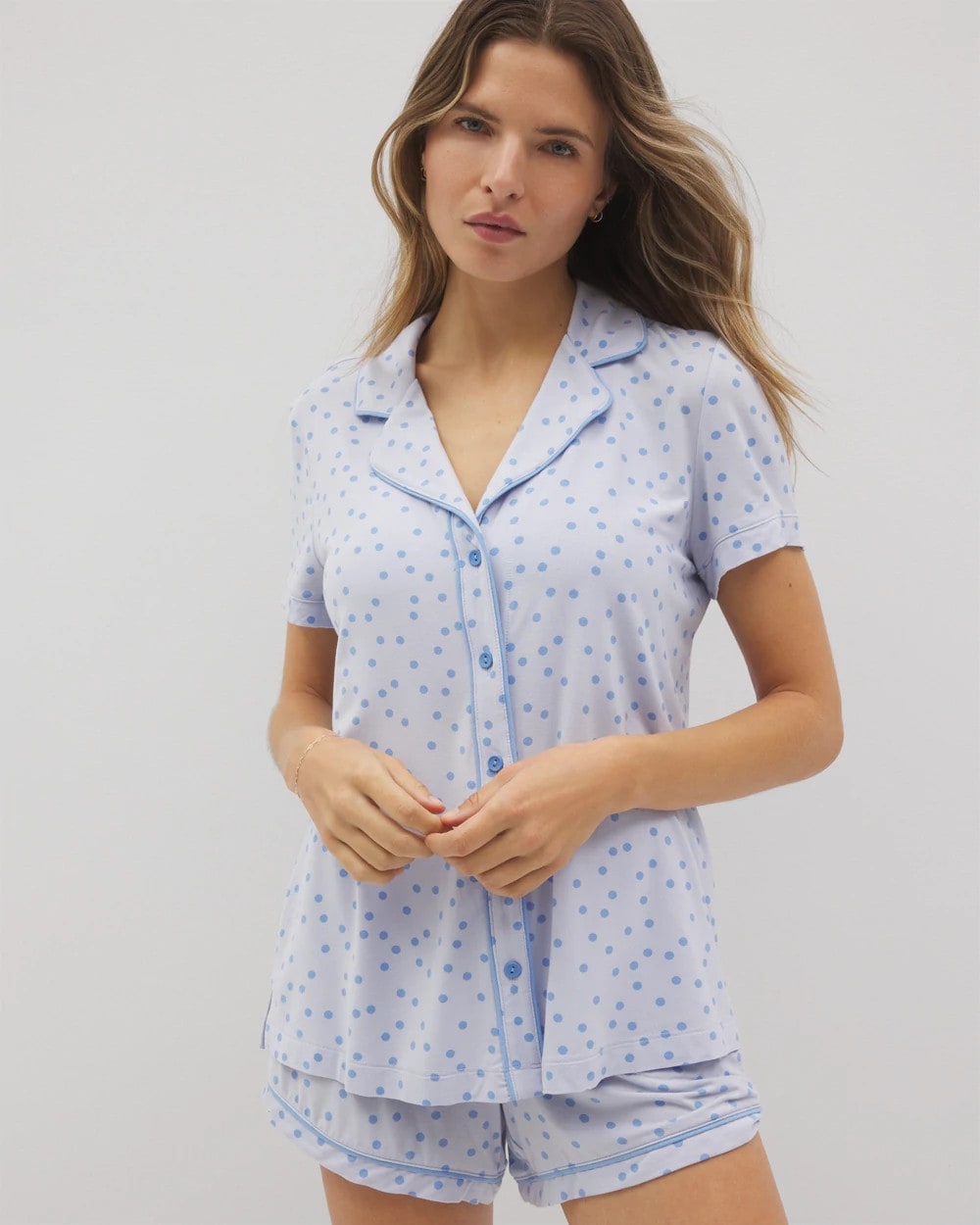 MERRY DOT OCEAN AIR - Piped Short Sleeve Notch Collar Pajama Top | Soma