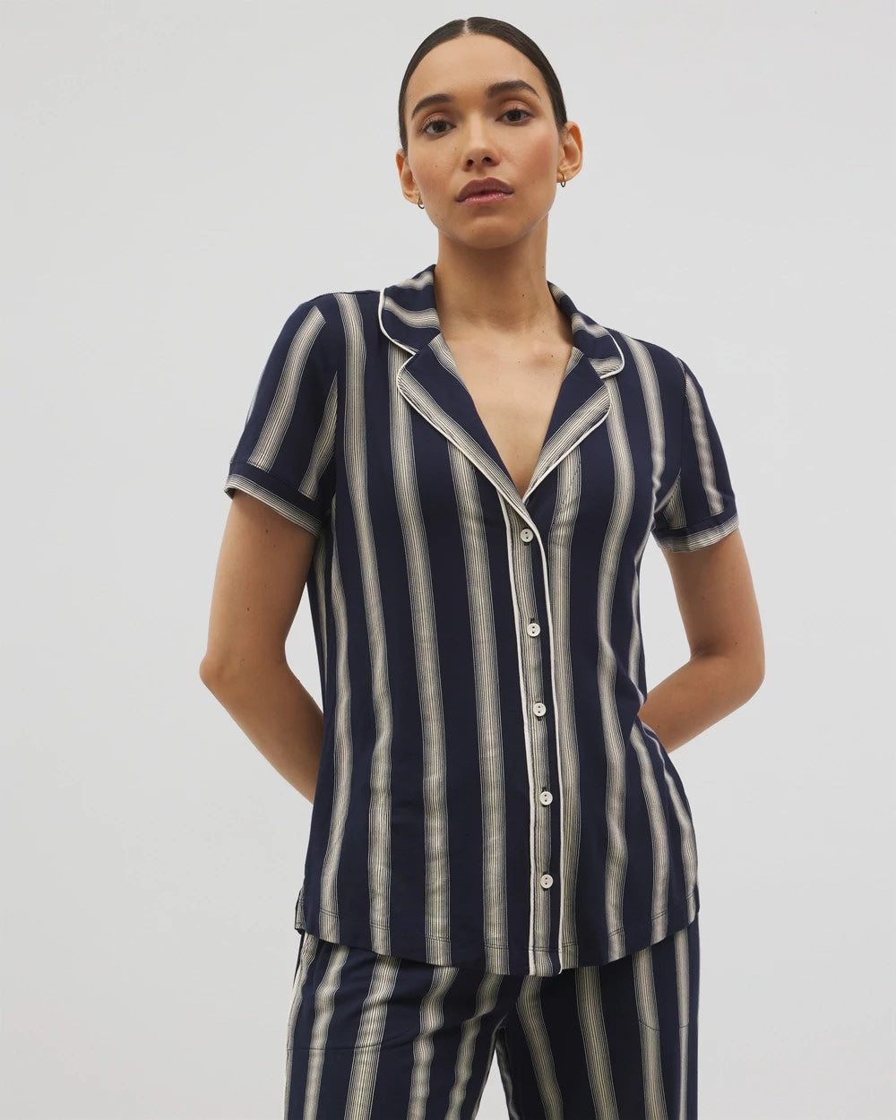 HAMPTON STRIPE NA CHAMP - Piped Short Sleeve Notch Collar Pajama Top | Soma