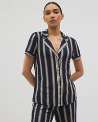 HAMPTON STRIPE NA CHAMP - Piped Short Sleeve Notch Collar Pajama Top | Soma