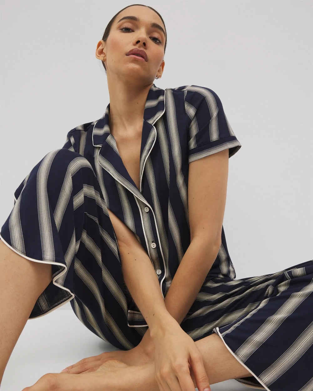 HAMPTON STRIPE NA CHAMP - Piped Short Sleeve Notch Collar Pajama Top | Soma