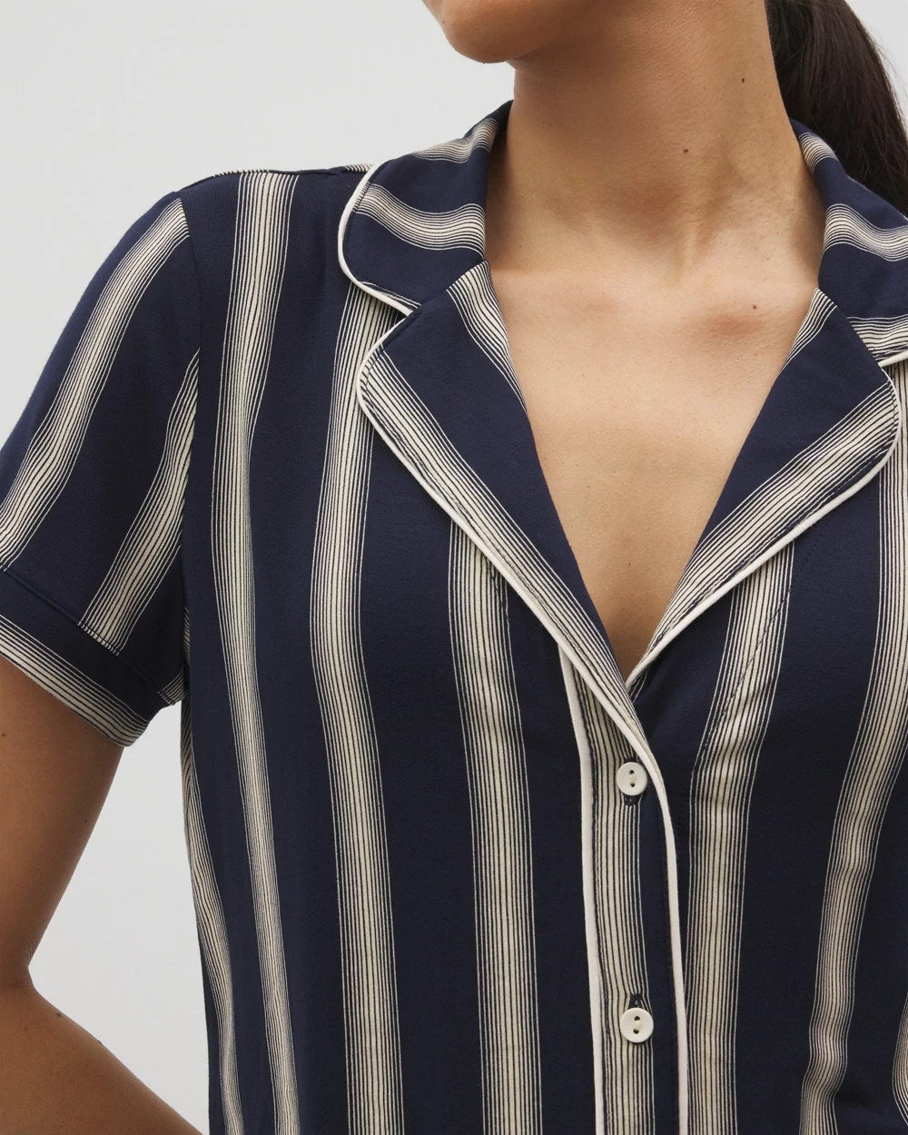 HAMPTON STRIPE NA CHAMP - Piped Short Sleeve Notch Collar Pajama Top | Soma