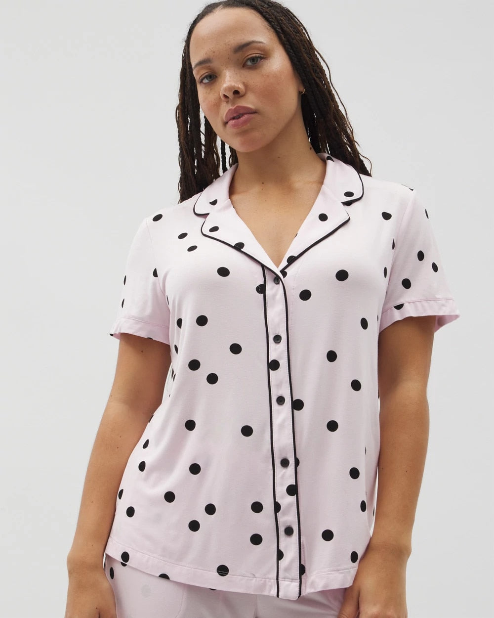 CHEERFUL DOT B SUGAR - Piped Short Sleeve Notch Collar Pajama Top | Soma