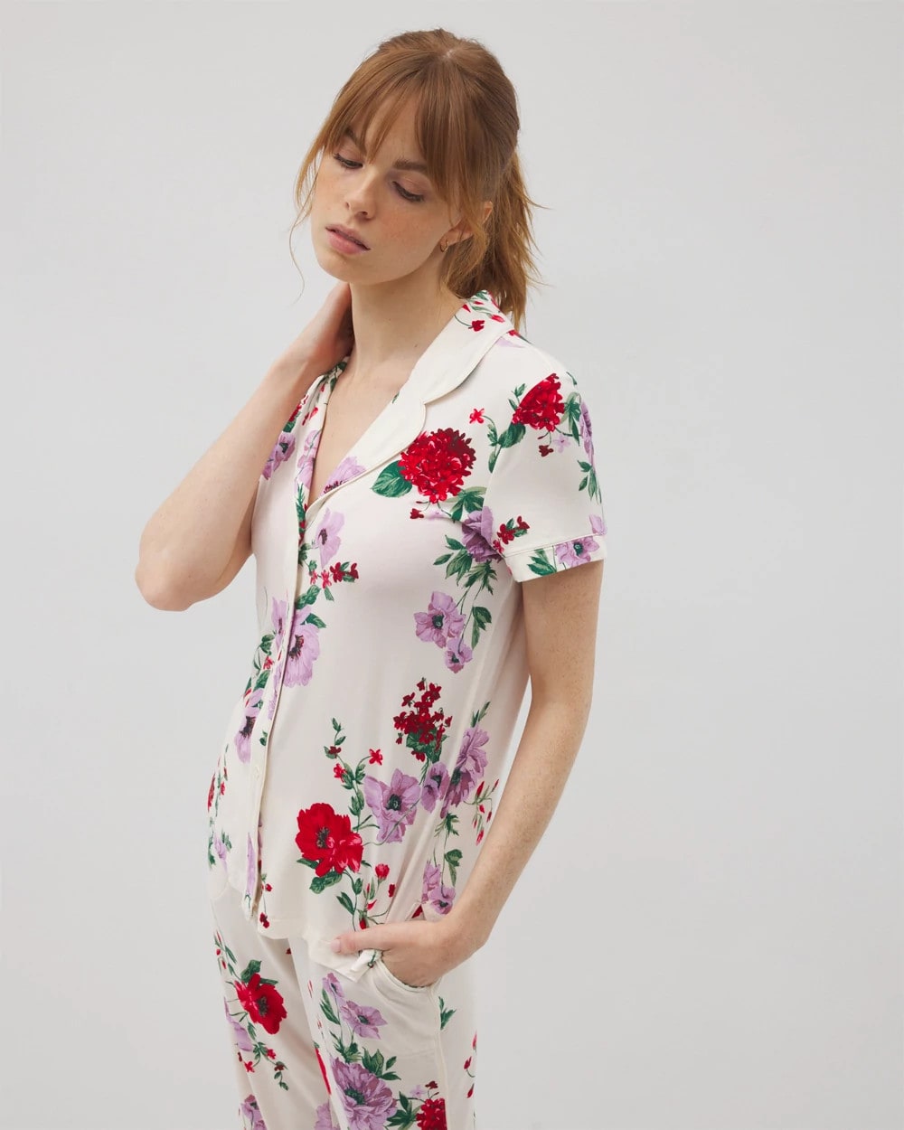 RHAPSODY FLORAL SUGAR - Piped Short Sleeve Notch Collar Pajama Top | Soma
