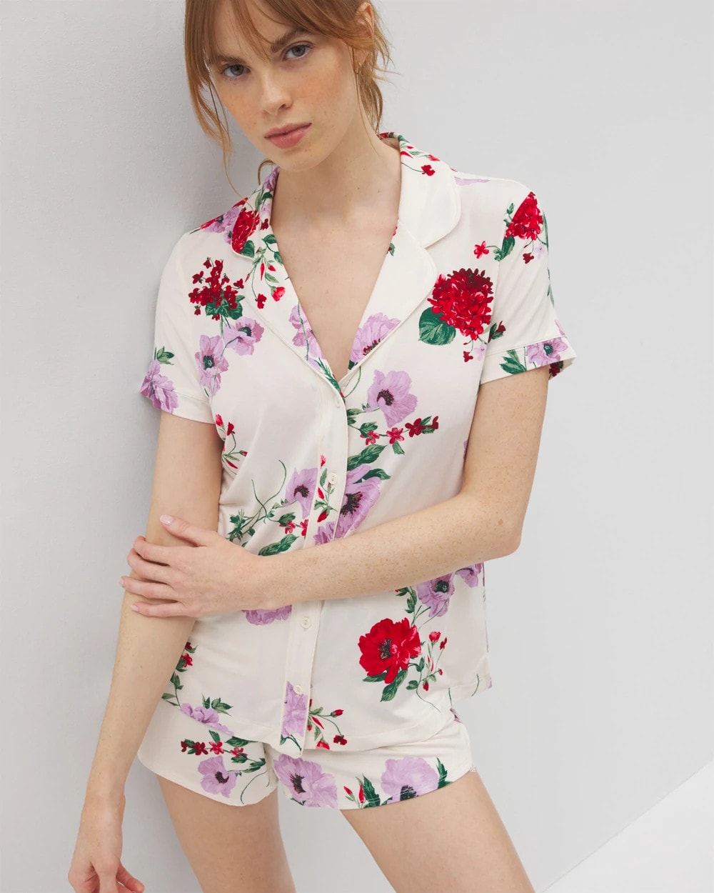 RHAPSODY FLORAL SUGAR - Piped Short Sleeve Notch Collar Pajama Top | Soma