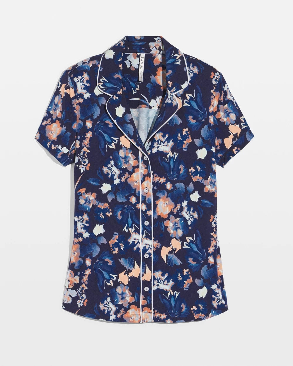 PHANTOM FLORAL NAVY - Piped Short Sleeve Notch Collar Pajama Top | Soma