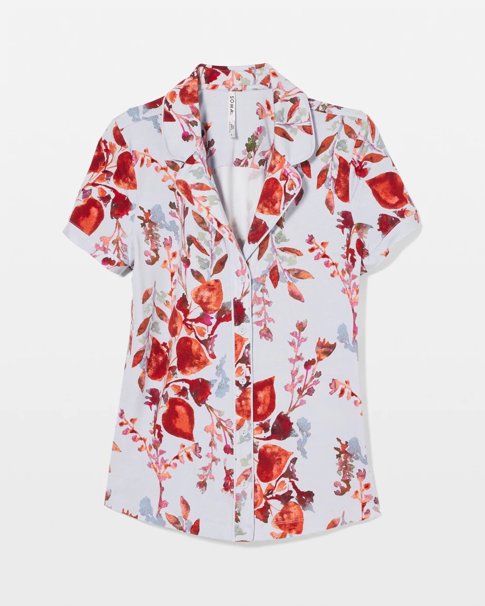 FORAGED FLORAL BLUE MIST - Piped Short Sleeve Notch Collar Pajama Top | Soma