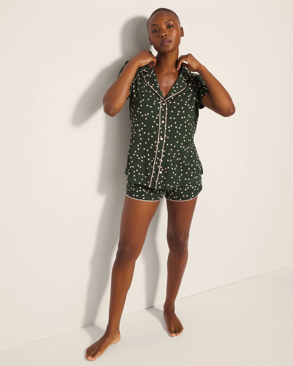 MERRY DOT LUSH EMERALD - Piped Short Sleeve Notch Collar Pajama Top | Soma