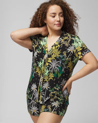 OASIS PALMS BLACK/WS - Piped Short Sleeve Notch Collar Pajama Top | Soma