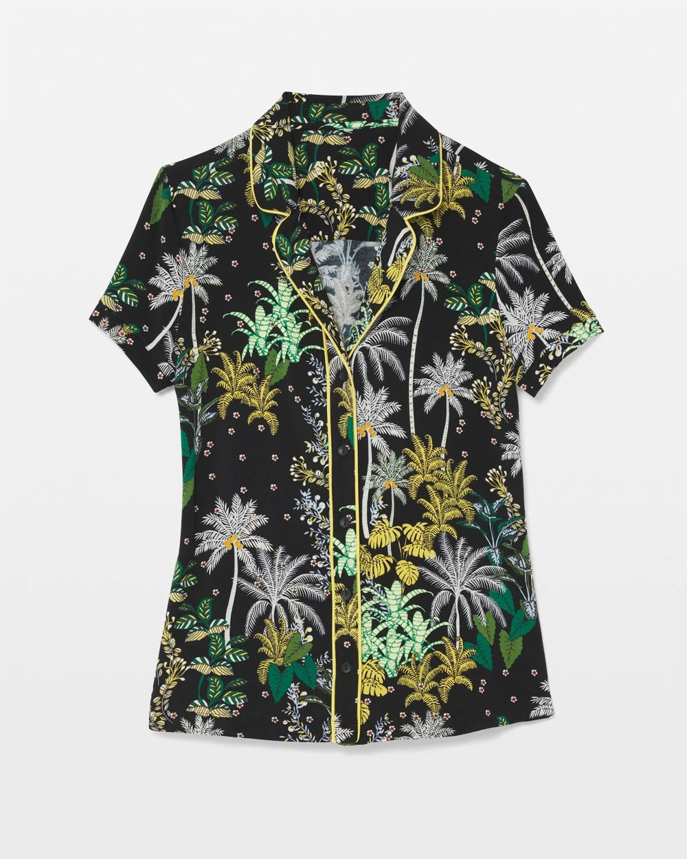 OASIS PALMS BLACK/WS - Piped Short Sleeve Notch Collar Pajama Top | Soma