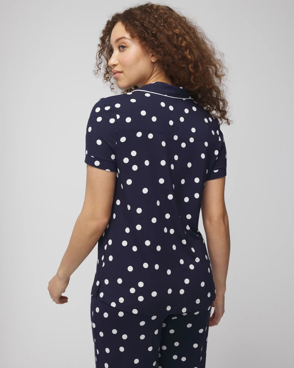 MERRY DOT G NAVY/IVORY - Piped Short Sleeve Notch Collar Pajama Top | Soma