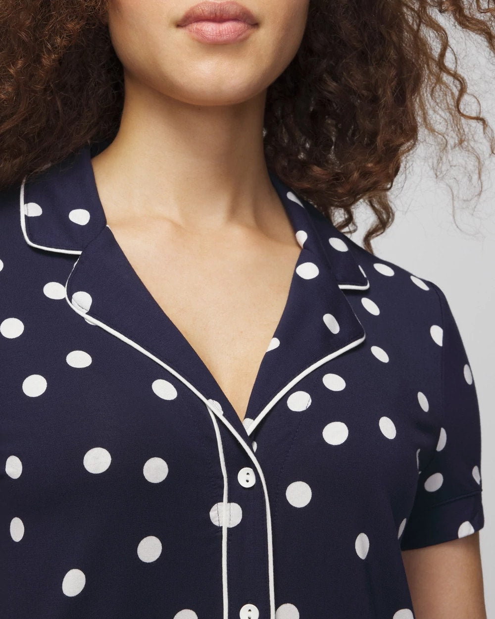MERRY DOT G NAVY/IVORY - Piped Short Sleeve Notch Collar Pajama Top | Soma