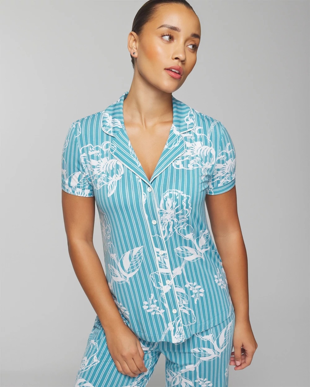 PAINTED PETALS SMALL - Piped Short Sleeve Notch Collar Pajama Top | Soma