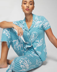 PAINTED PETALS SMALL - Piped Short Sleeve Notch Collar Pajama Top | Soma