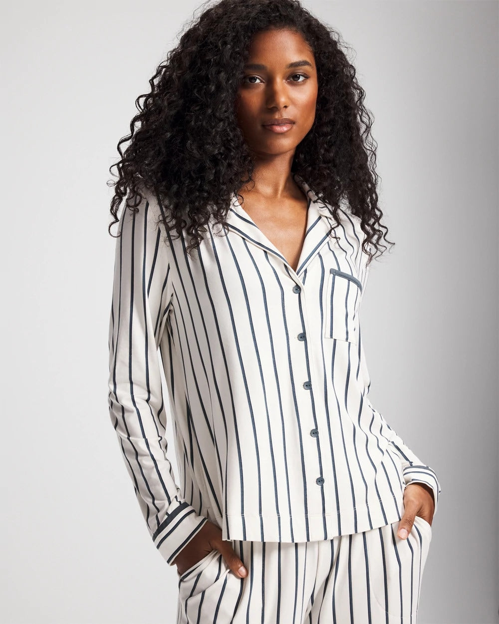 UNWIND STRIPE CHAMPAGNE - Long-Sleeve Notch Collar Pajama Top | Soma