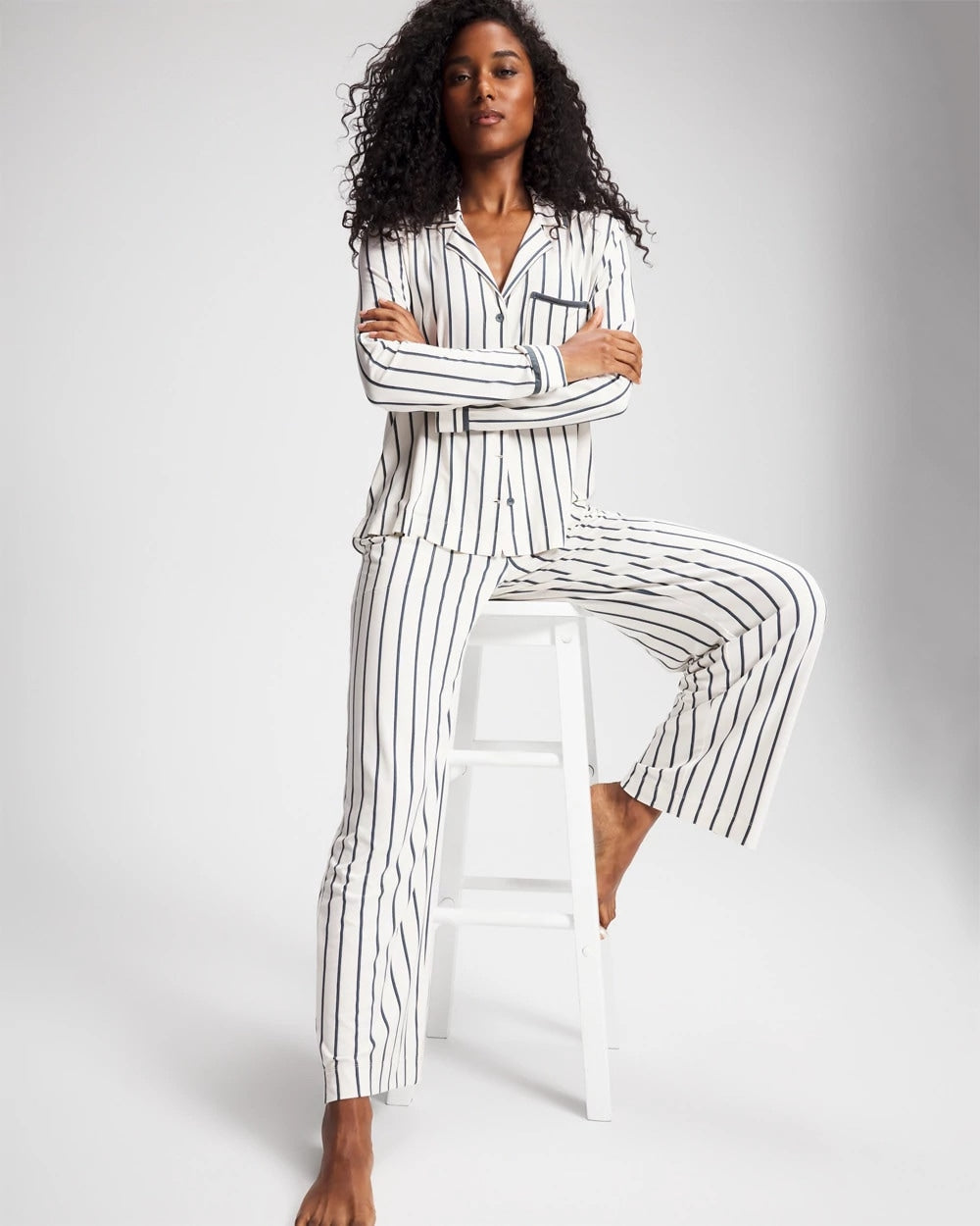 UNWIND STRIPE CHAMPAGNE - Long-Sleeve Notch Collar Pajama Top | Soma