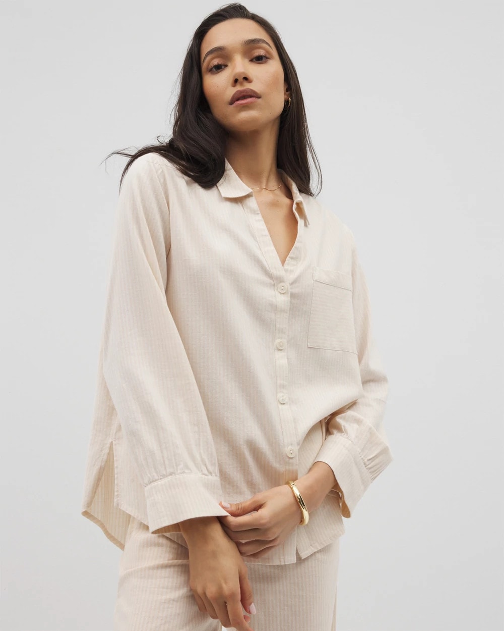 PALE SAND STRIPE - Beach Cotton Long Sleeve Button-Up | Soma