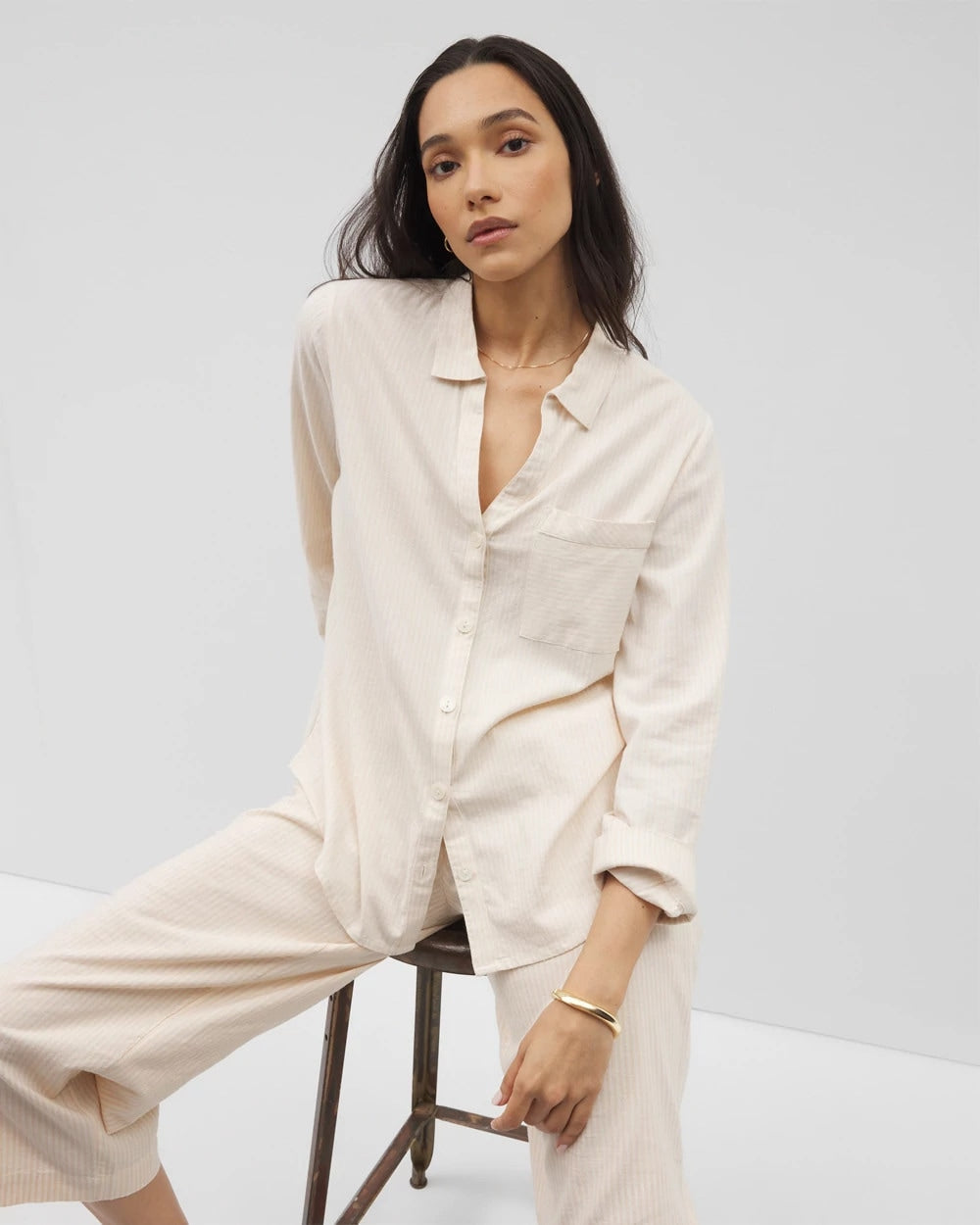PALE SAND STRIPE - Beach Cotton Long Sleeve Button-Up | Soma