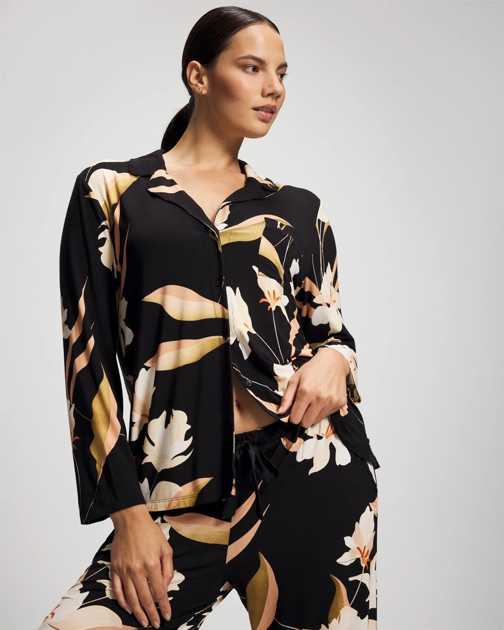 MYSTIC BLOOMS BLACK MID - Long-Sleeve Notch Collar Pajama Top | Soma