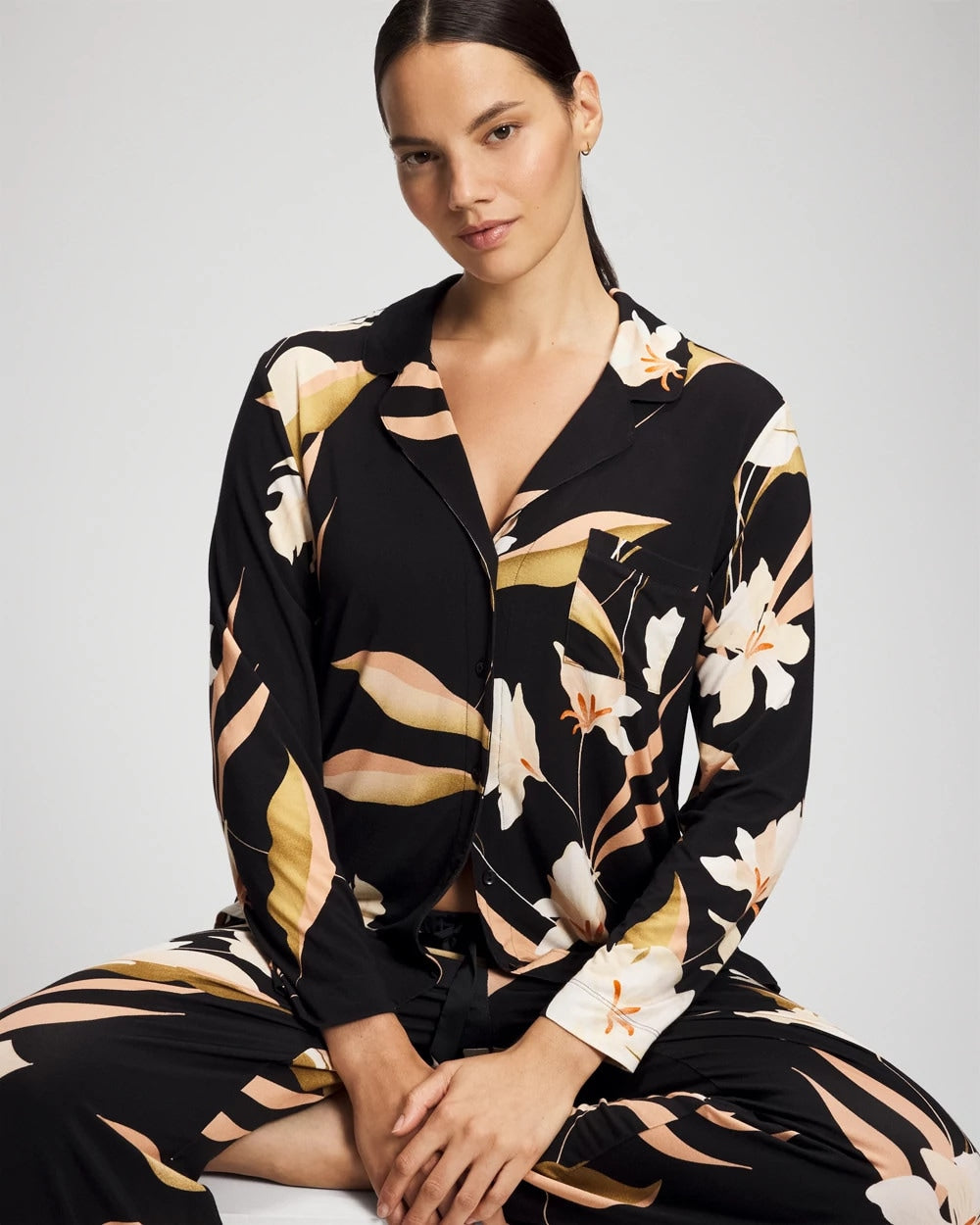 MYSTIC BLOOMS BLACK MID - Long-Sleeve Notch Collar Pajama Top | Soma