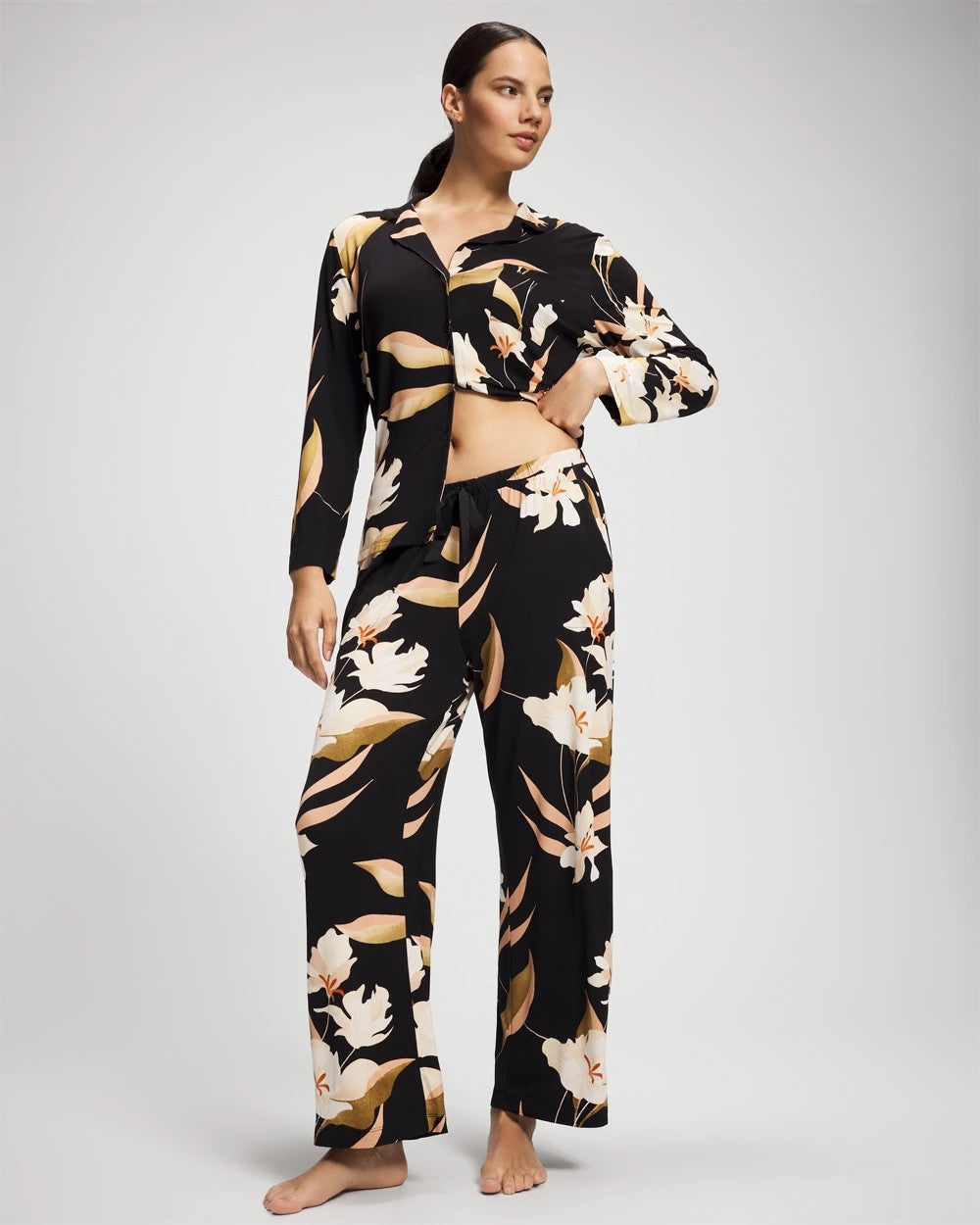 MYSTIC BLOOMS BLACK MID - Satin Trim Pajama Pant | Soma