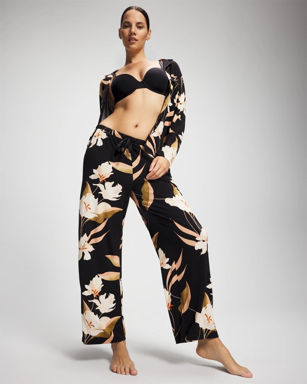 MYSTIC BLOOMS BLACK MID - Satin Trim Pajama Pant | Soma