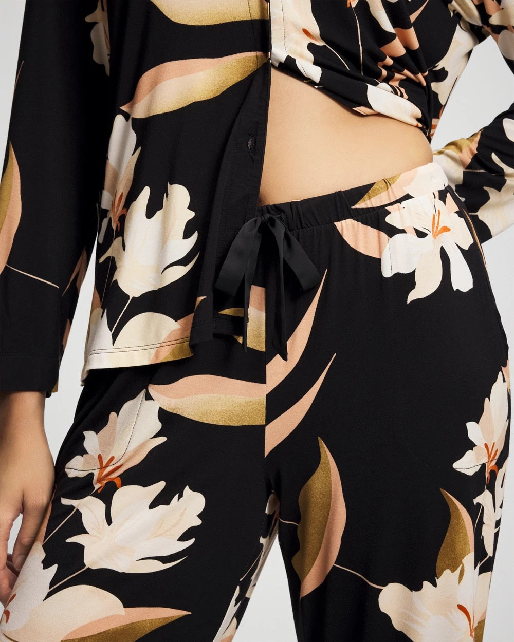 MYSTIC BLOOMS BLACK MID - Satin Trim Pajama Pant | Soma