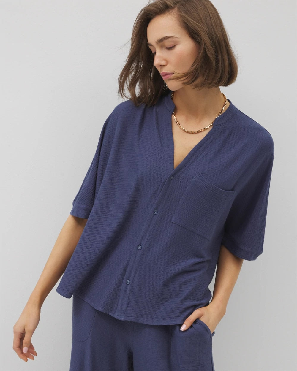 LUNAR TIDE - Crinkle Knit Relaxed Button-Up Top | Soma