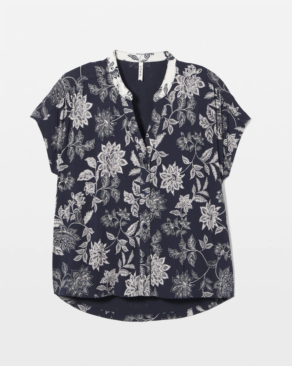 MEANDERING GARDEN NAVY - Mandarin Collar Short Sleeve Pajama Top | Soma