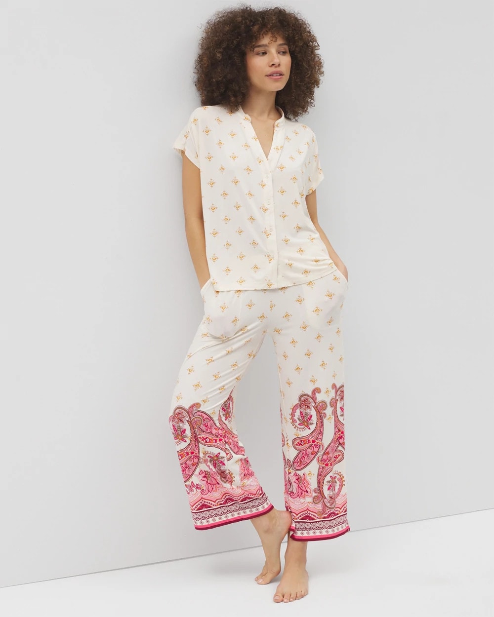 KASHMIR ICON CHAMP - Mandarin Collar Short Sleeve Pajama Top | Soma