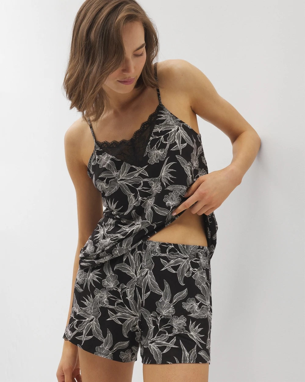 PLUMERIA BLOOMS BLK CH - Lace-Trim Pajama Shorts | Soma