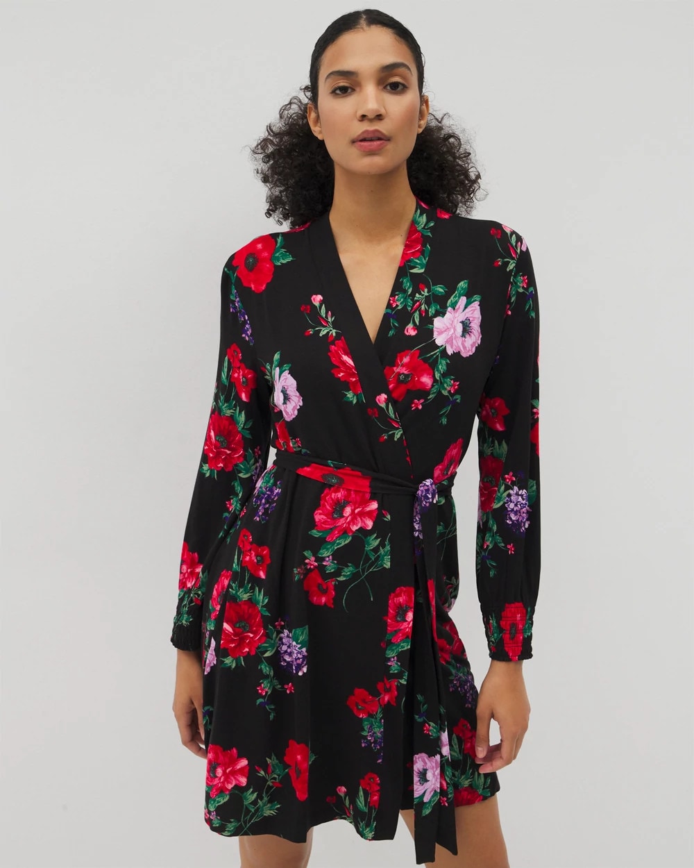 RHAPSODY FLORA BLACK - Long-Sleeve Short Robe | Soma