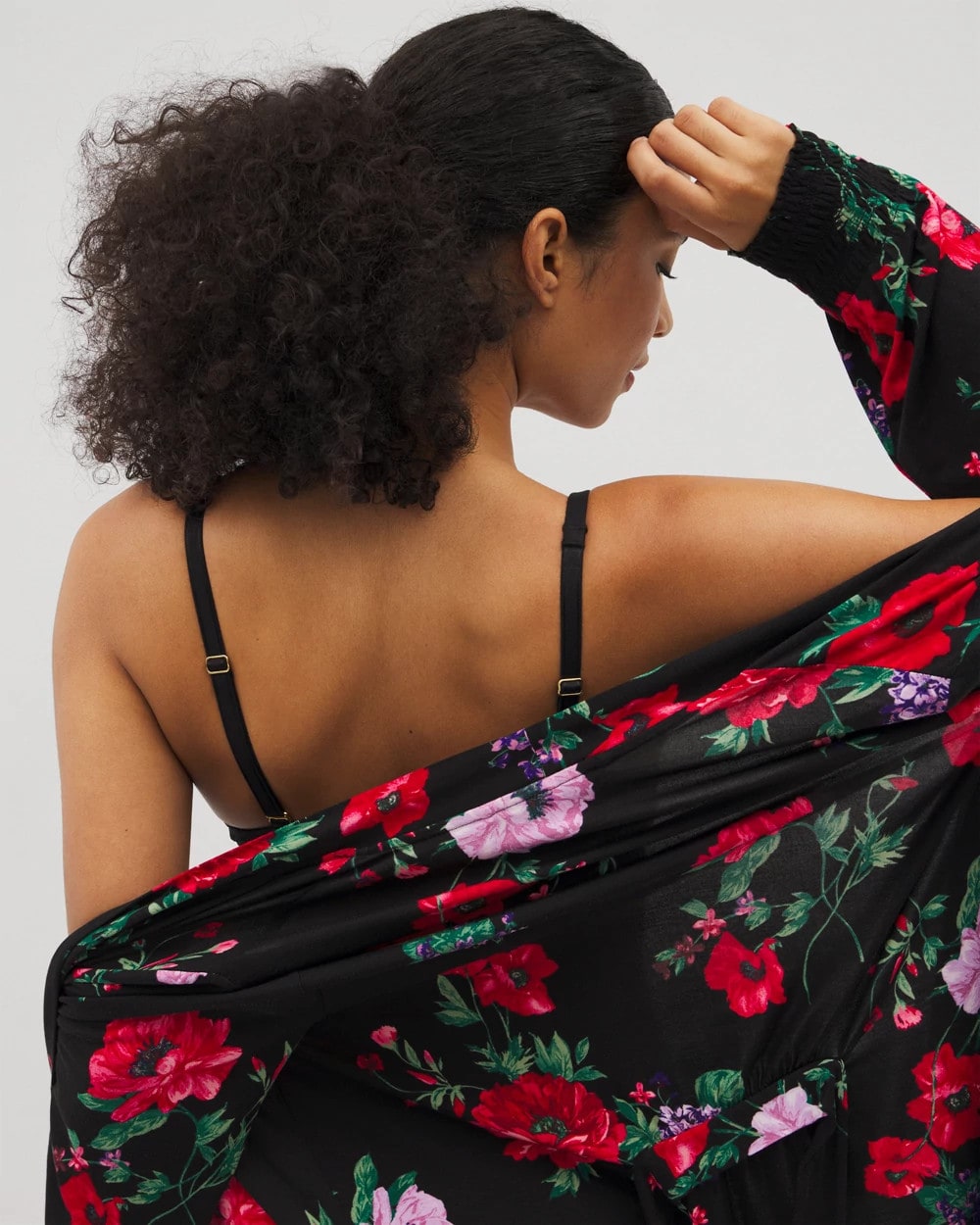 RHAPSODY FLORA BLACK - Long-Sleeve Short Robe | Soma