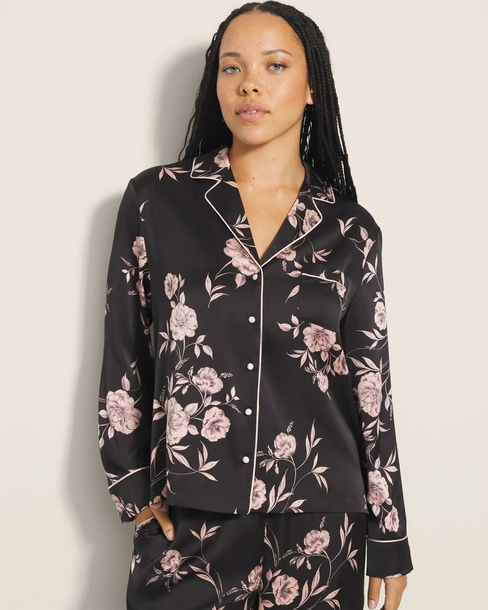 NOSTALGIA FLORA BLACK - Long-Sleeve Notch Collar Pajama Top | Soma