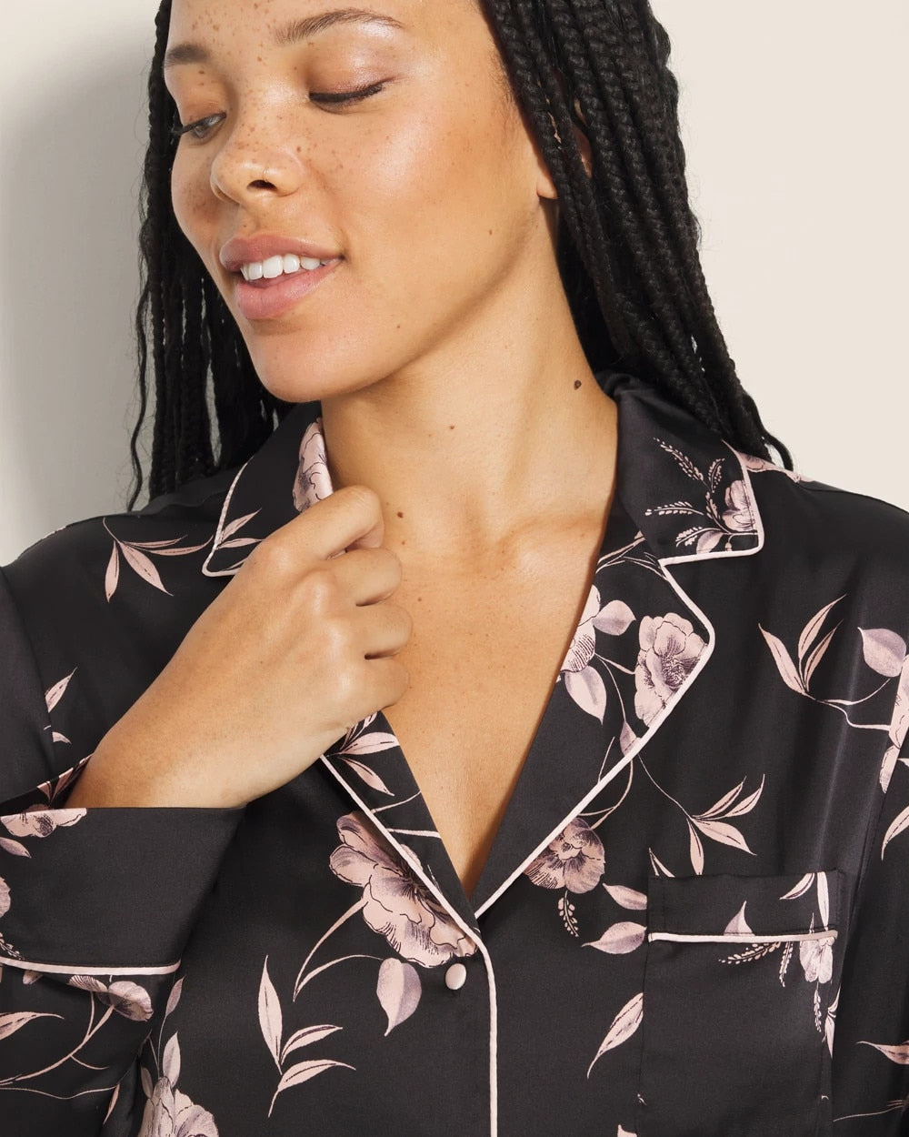 NOSTALGIA FLORA BLACK - Long-Sleeve Notch Collar Pajama Top | Soma