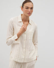 CHAMPAGNE STRIPE - Cotton Gauze Long Sleeve Notch Collar Pajama Top | Soma