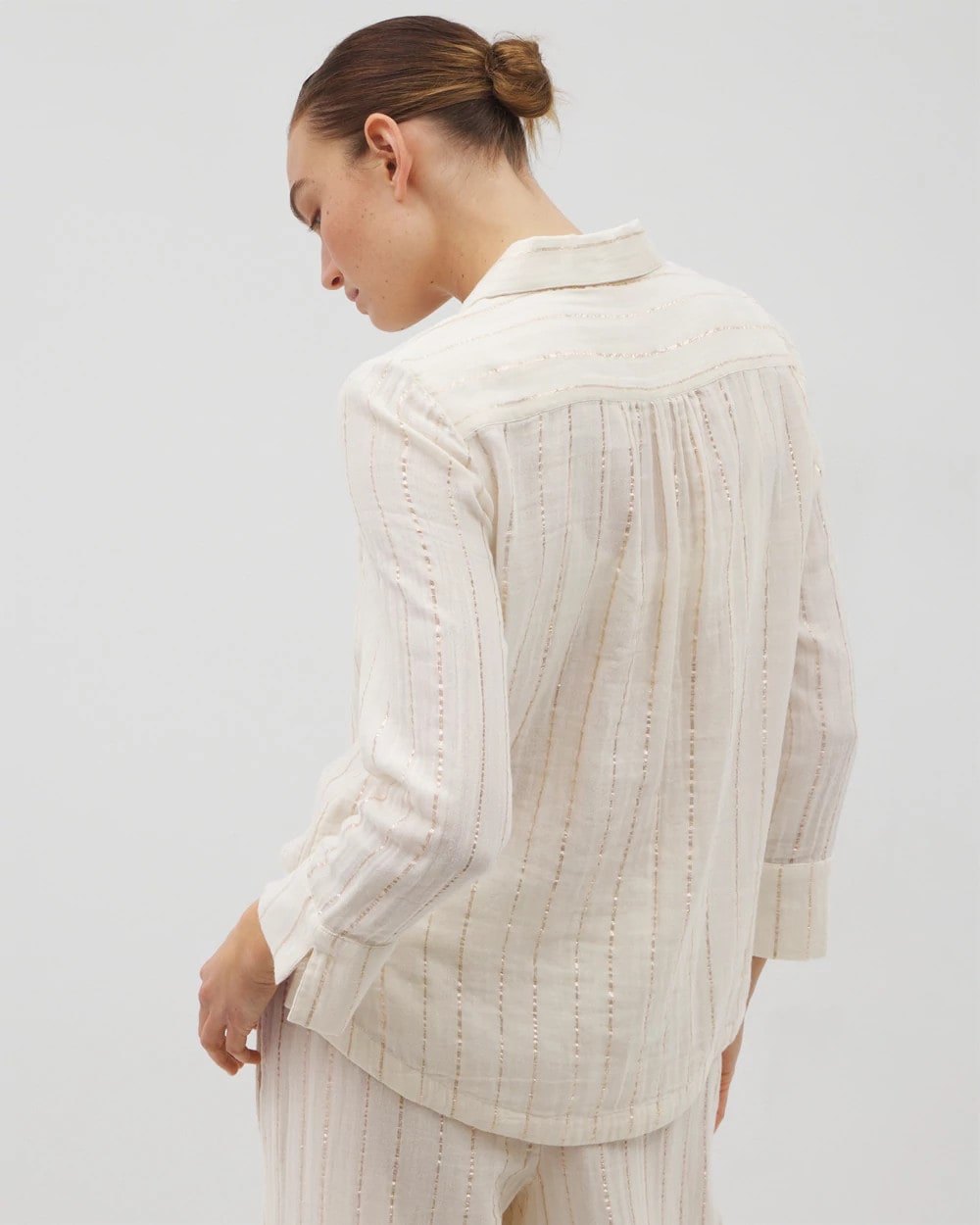 CHAMPAGNE STRIPE - Cotton Gauze Long Sleeve Notch Collar Pajama Top | Soma