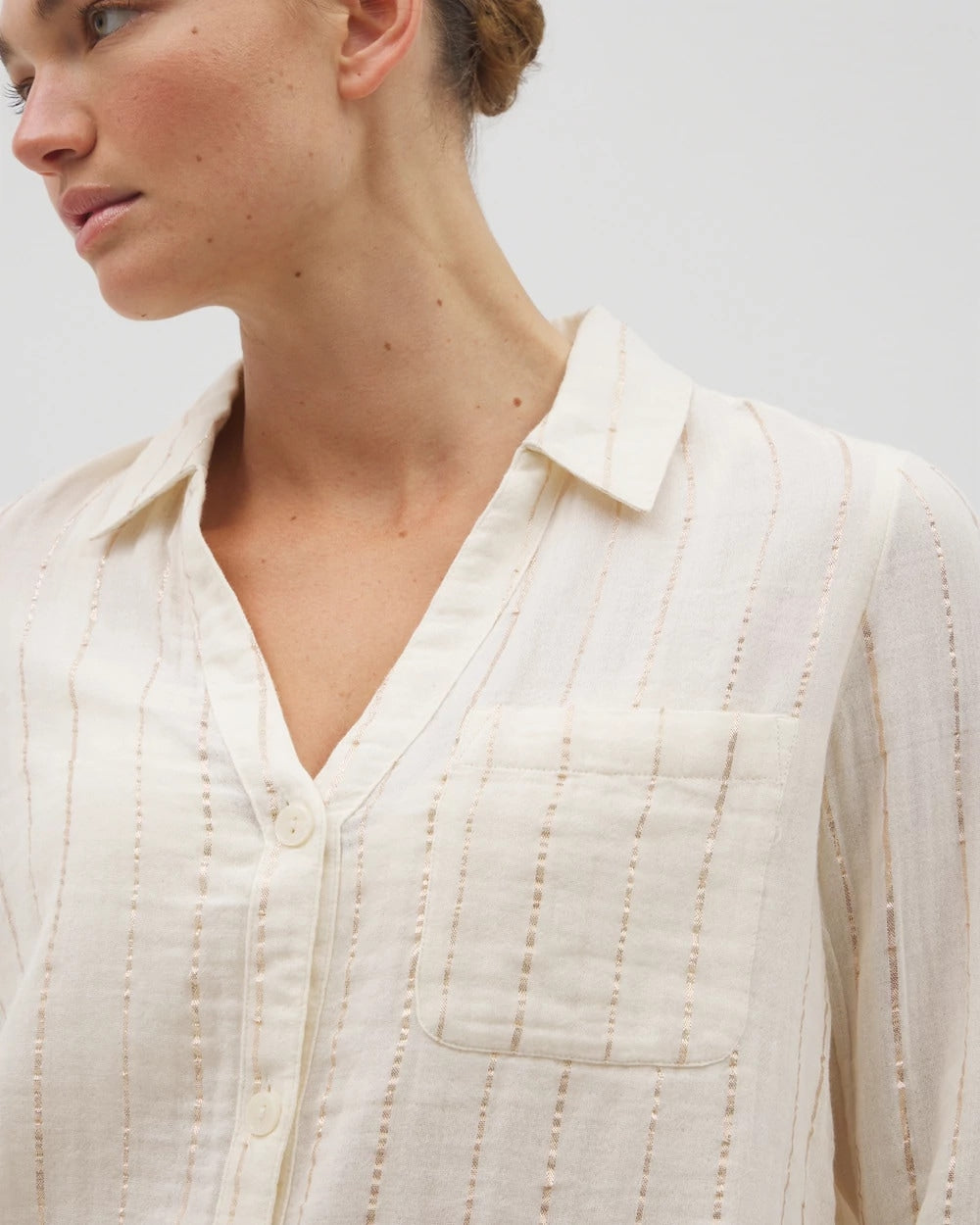 CHAMPAGNE STRIPE - Cotton Gauze Long Sleeve Notch Collar Pajama Top | Soma