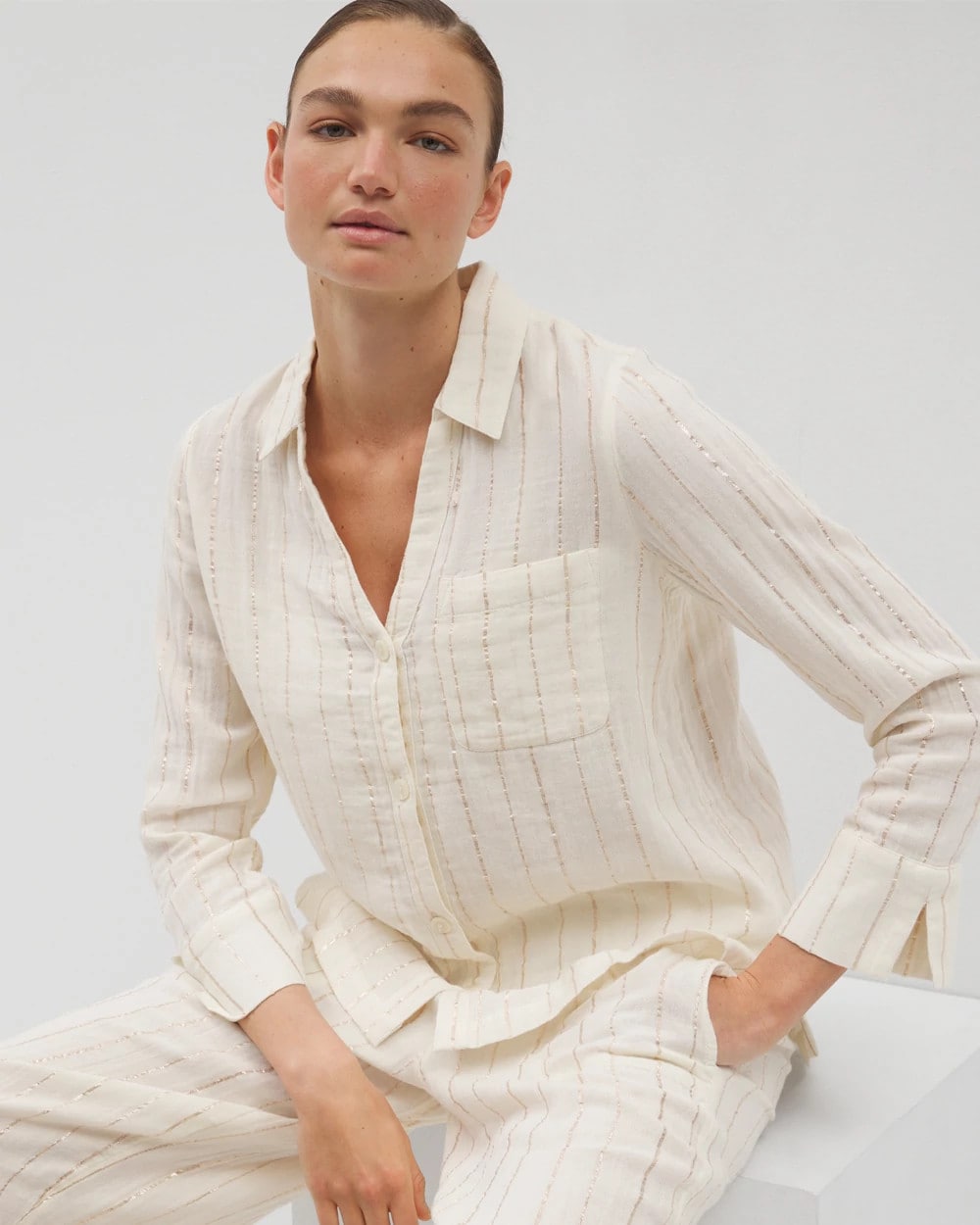 CHAMPAGNE STRIPE - Cotton Gauze Long Sleeve Notch Collar Pajama Top | Soma