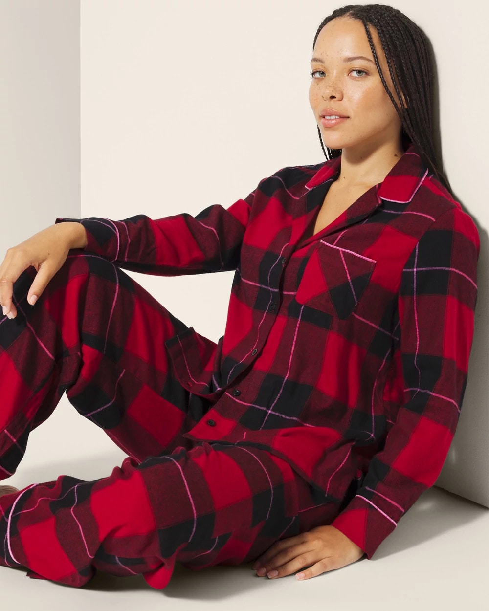 WRAPPED UP PLAID RED - Super Soft Long-Sleeve Notch Collar Pajama Top | Soma