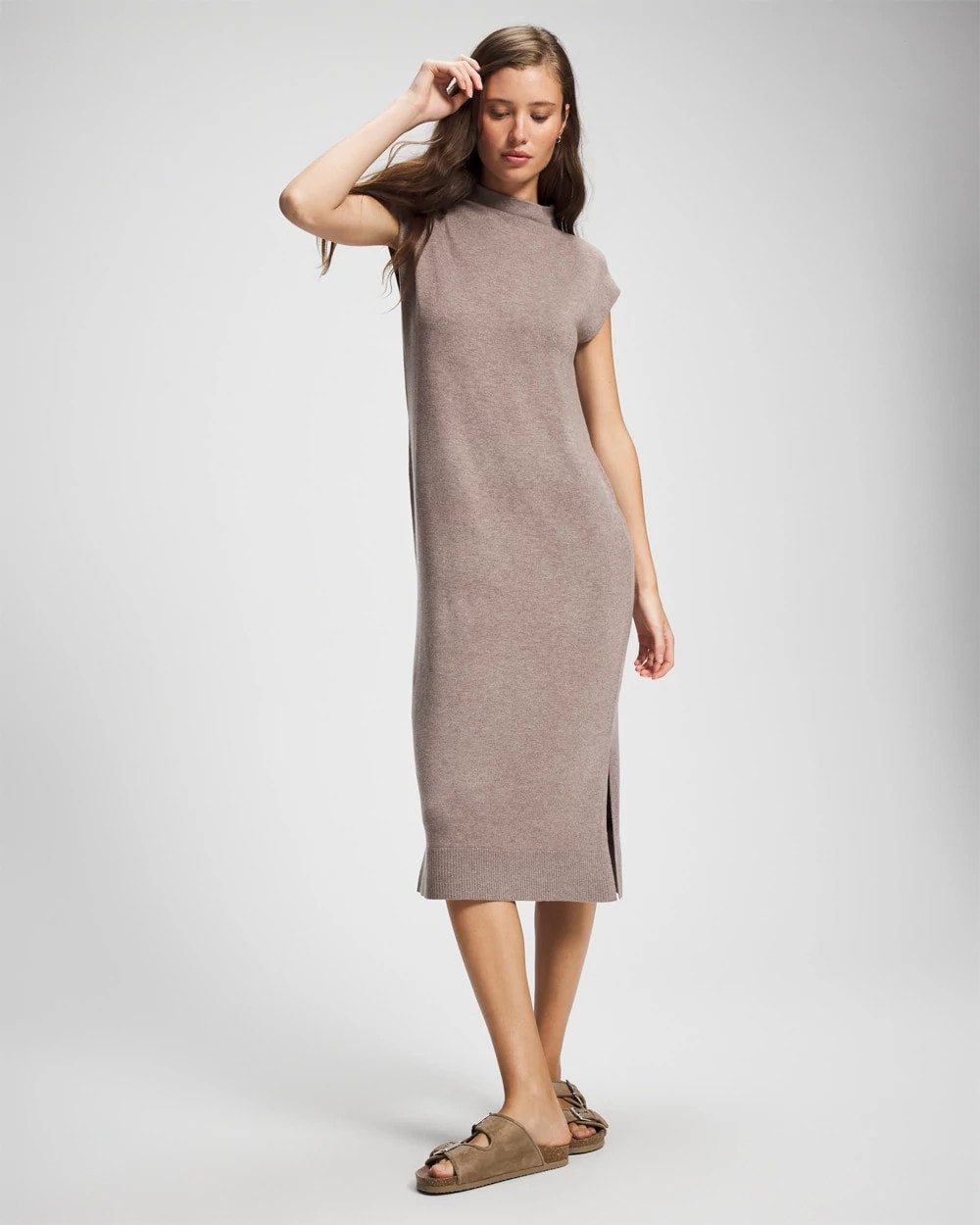 HEATHER FAWN - Premier Knit Sweater Funnel Neck Midi Dress | Soma