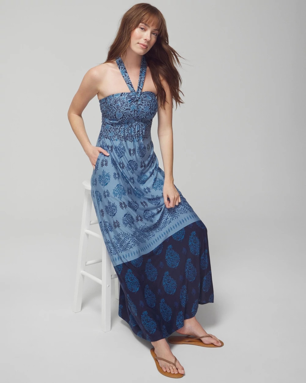 BELLA STAMP BORDER BLUE - Halter Maxi Bra Dress | Soma