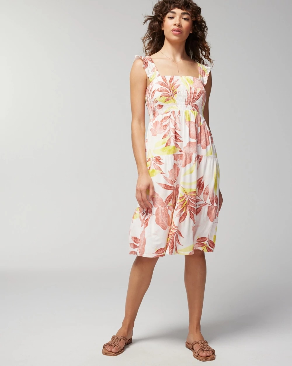 ENCHANTED PALMS KEY LIME - Smocked Flutter Sleeve Mini Bra Dress | Soma