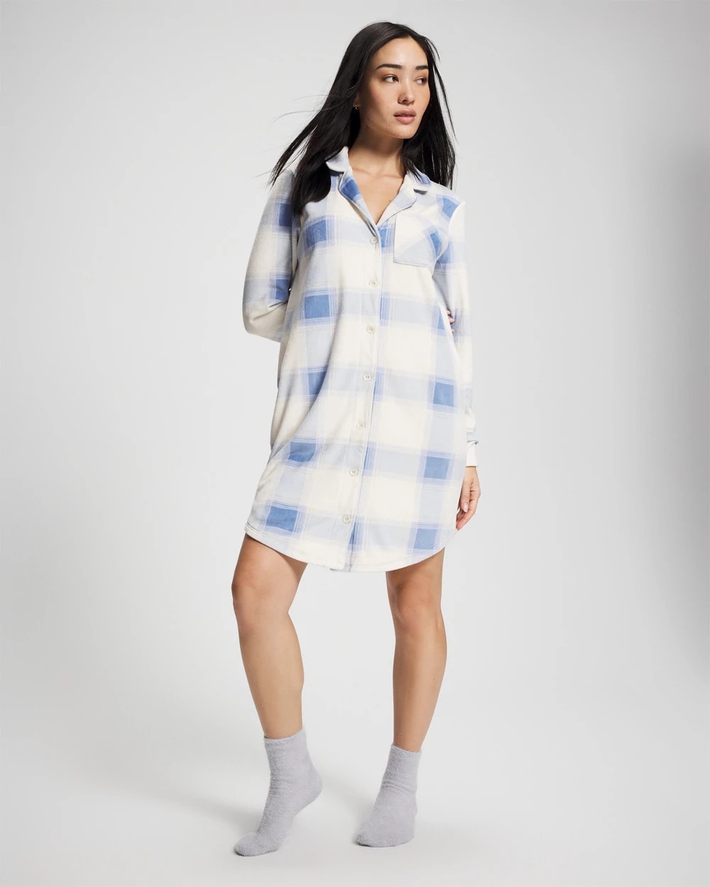 FROSTED PLAID BLUE - Long-Sleeve Notch Collar Sleepshirt | Soma