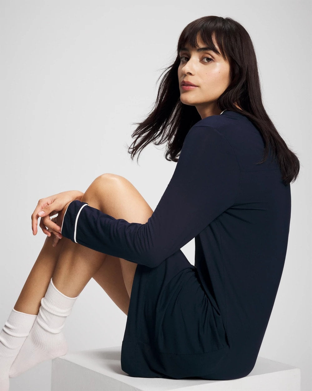 NIGHTFALL NAVY - Piped Long-Sleeve Sleepshirt | Soma