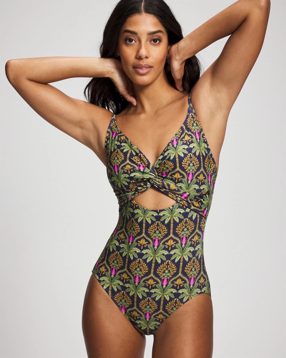 PALMY PATTERNS NAVY - Twist-Front Keyhole One Piece | Soma