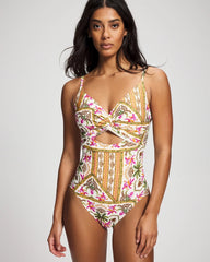 PATCHWORK PALMS COCONUT - Soma Swim Twist-Front Keyhole One-Piece | Soma