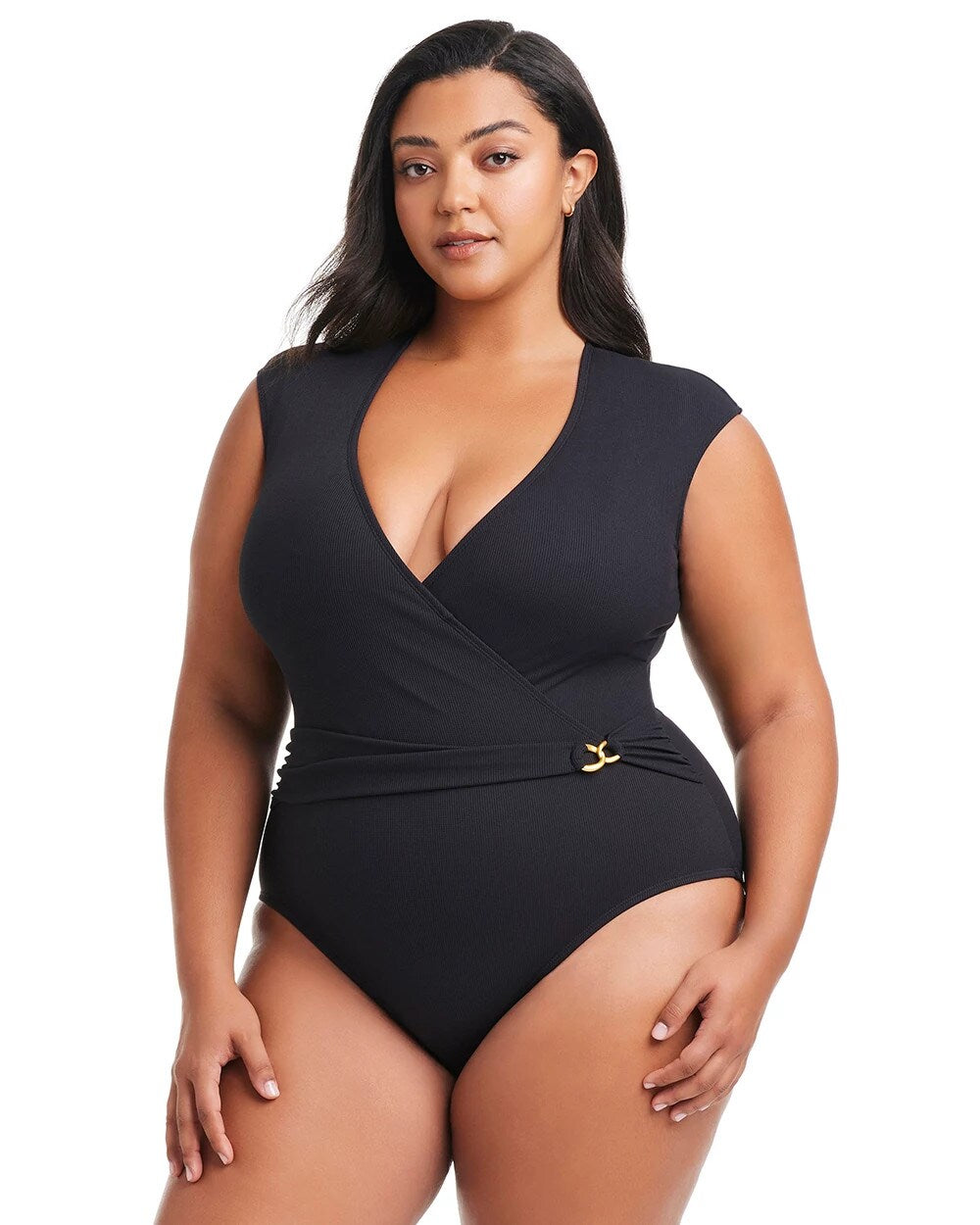 BLACK - Pique Ole Cap Sleeve Surplice One Piece | Soma